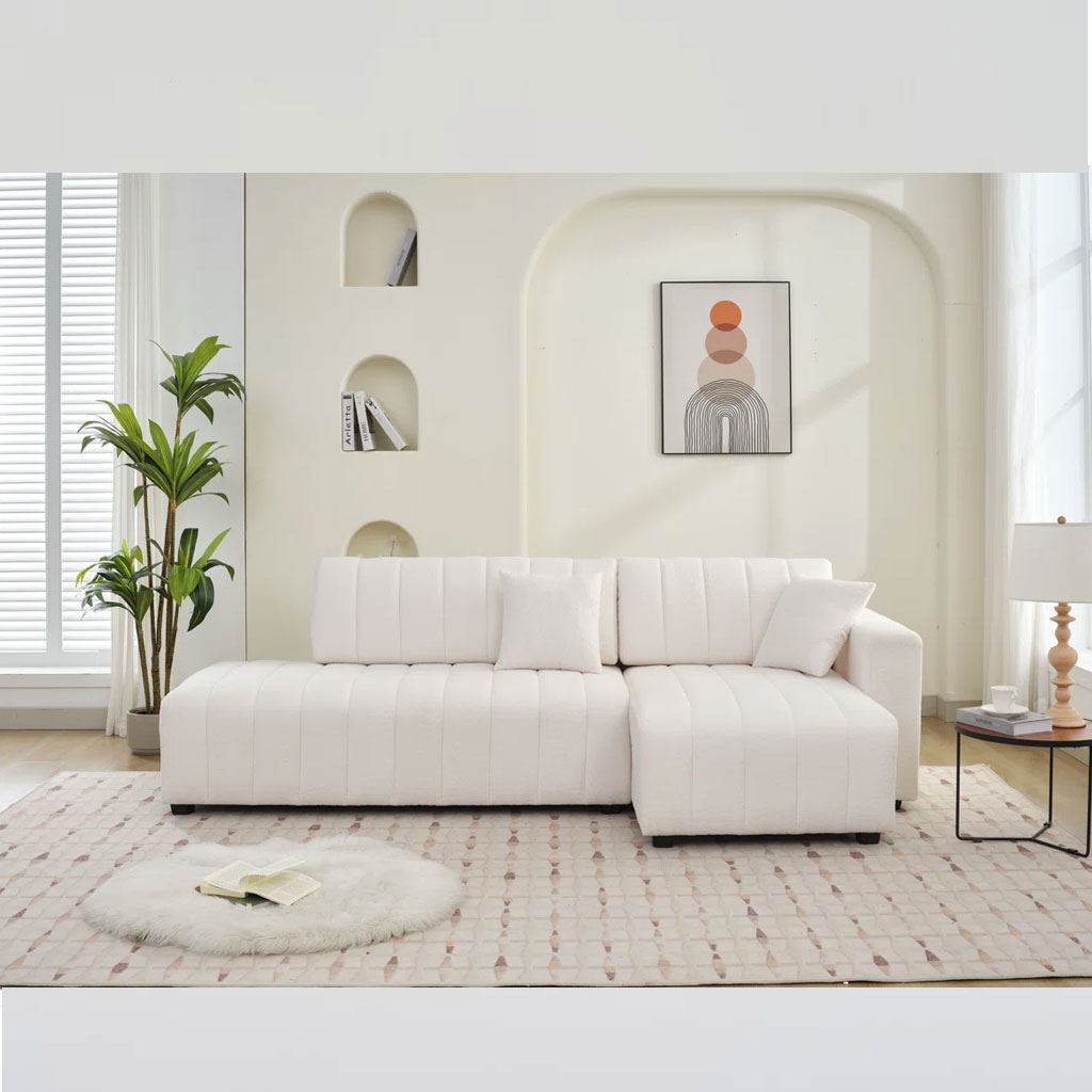 Sofa Góc Vải Nhung Tuyết Trắng – Tối Giản & Tinh Tế Cho Mọi Không Gian | Như Ý Funi