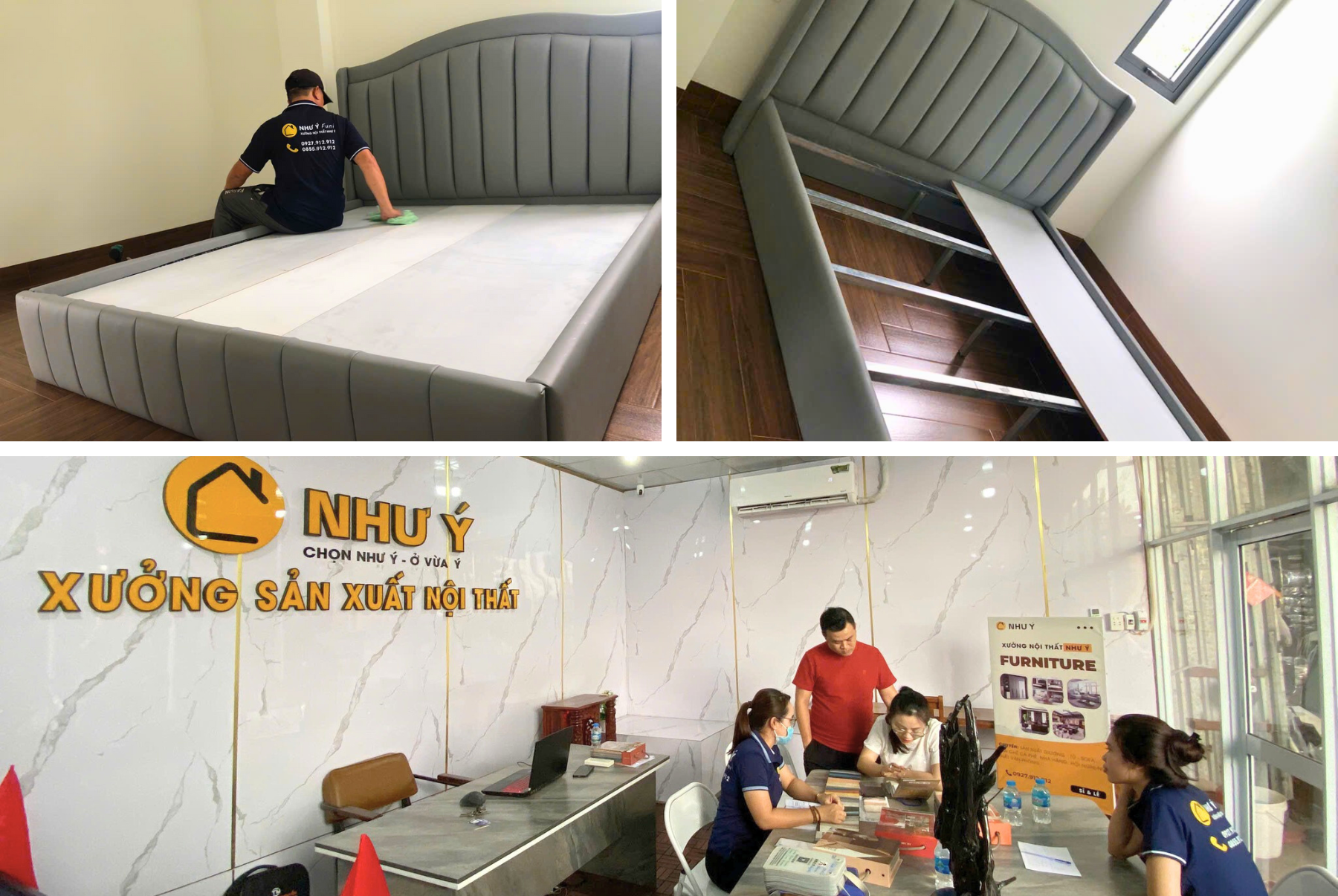 Anh Chị Khách Hàng Đặt Giường Bọc Da Xám Ghi Tại Văn Phòng Như Ý FUNI – Bàn Giao Trọn Gói Tận Nhà
