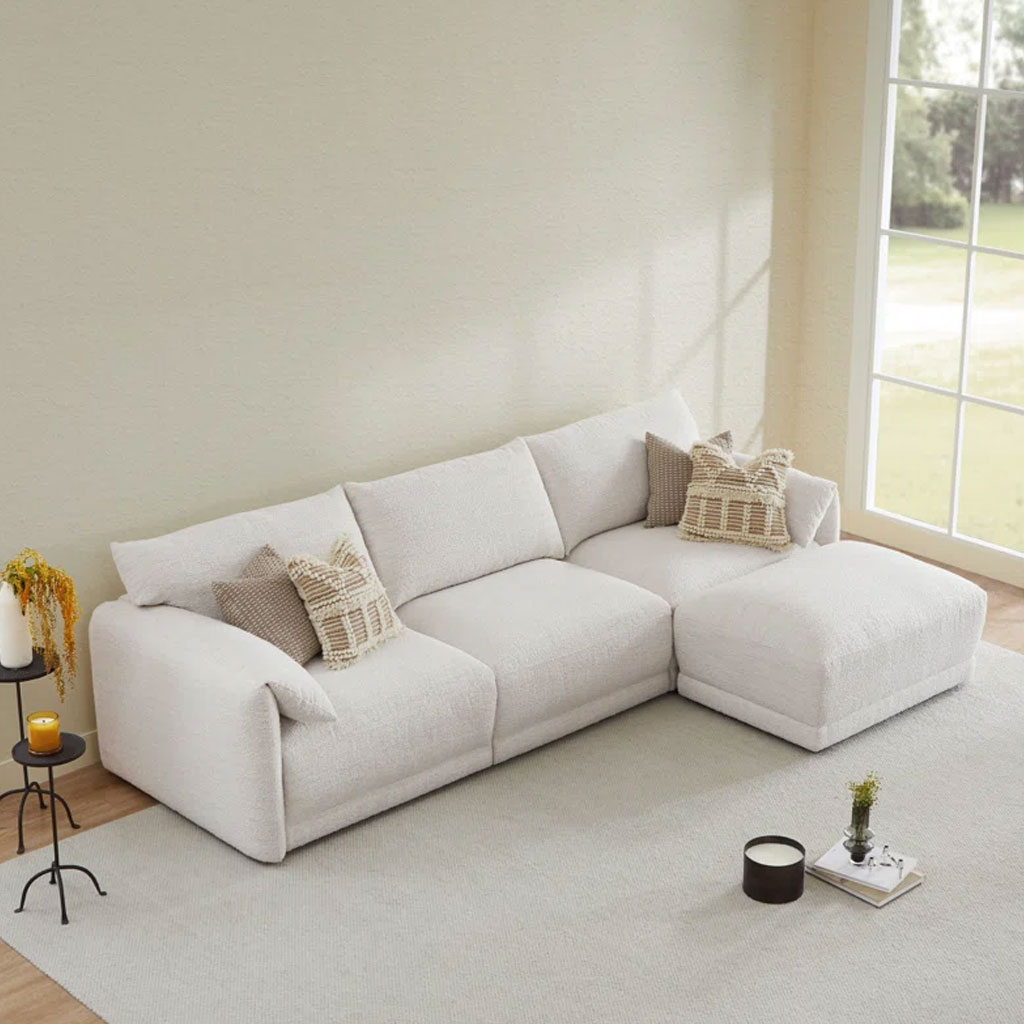 Sofa Góc L Vải Bố Trắng Kem – Phong Cách Tối Giản Hiện Đại | Như Ý Funi